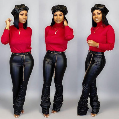 Women Fashion Casual Creased PU Pants