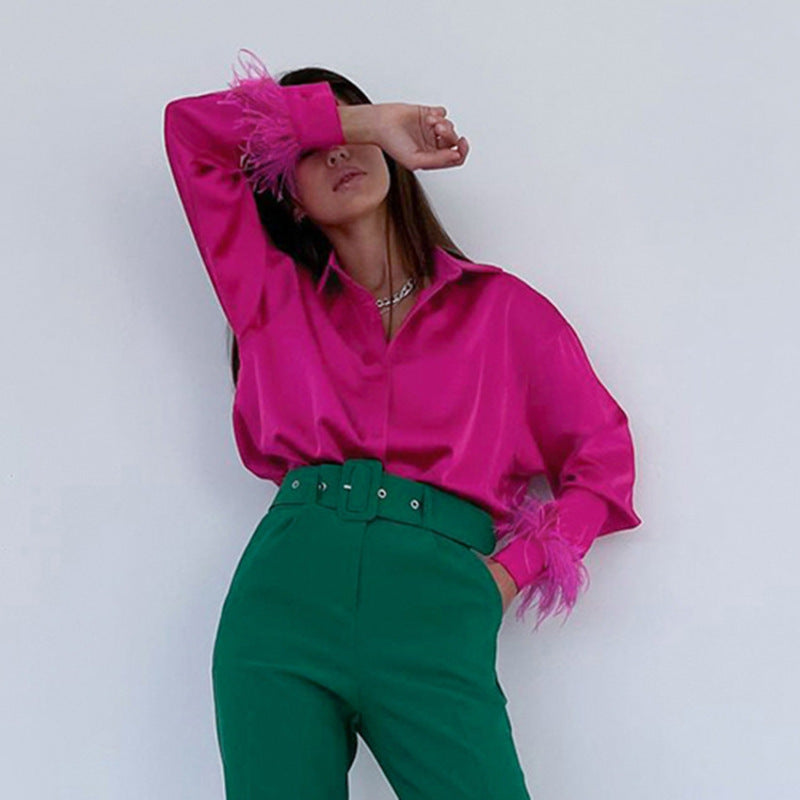 Blusa informal de seda helada de color liso con costuras de plumas para mujer, manga larga, solapa y botonadura sencilla