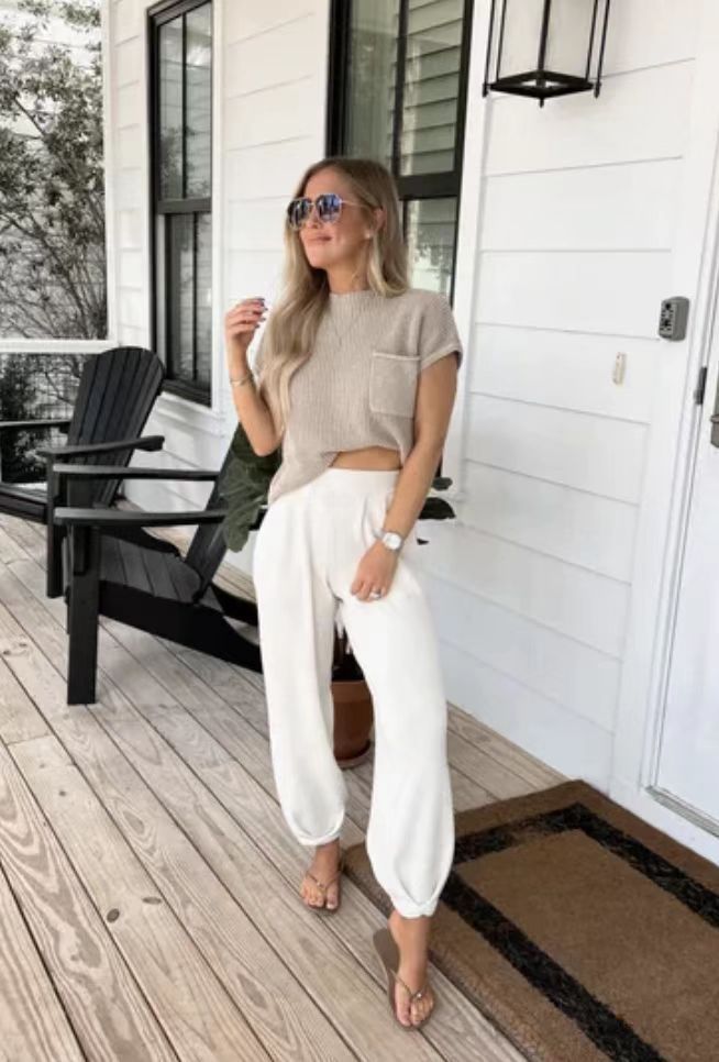 2023 Spring Casual Round Neck Pullover Solid Color Knitted Sweater Set Loose Leg Pants