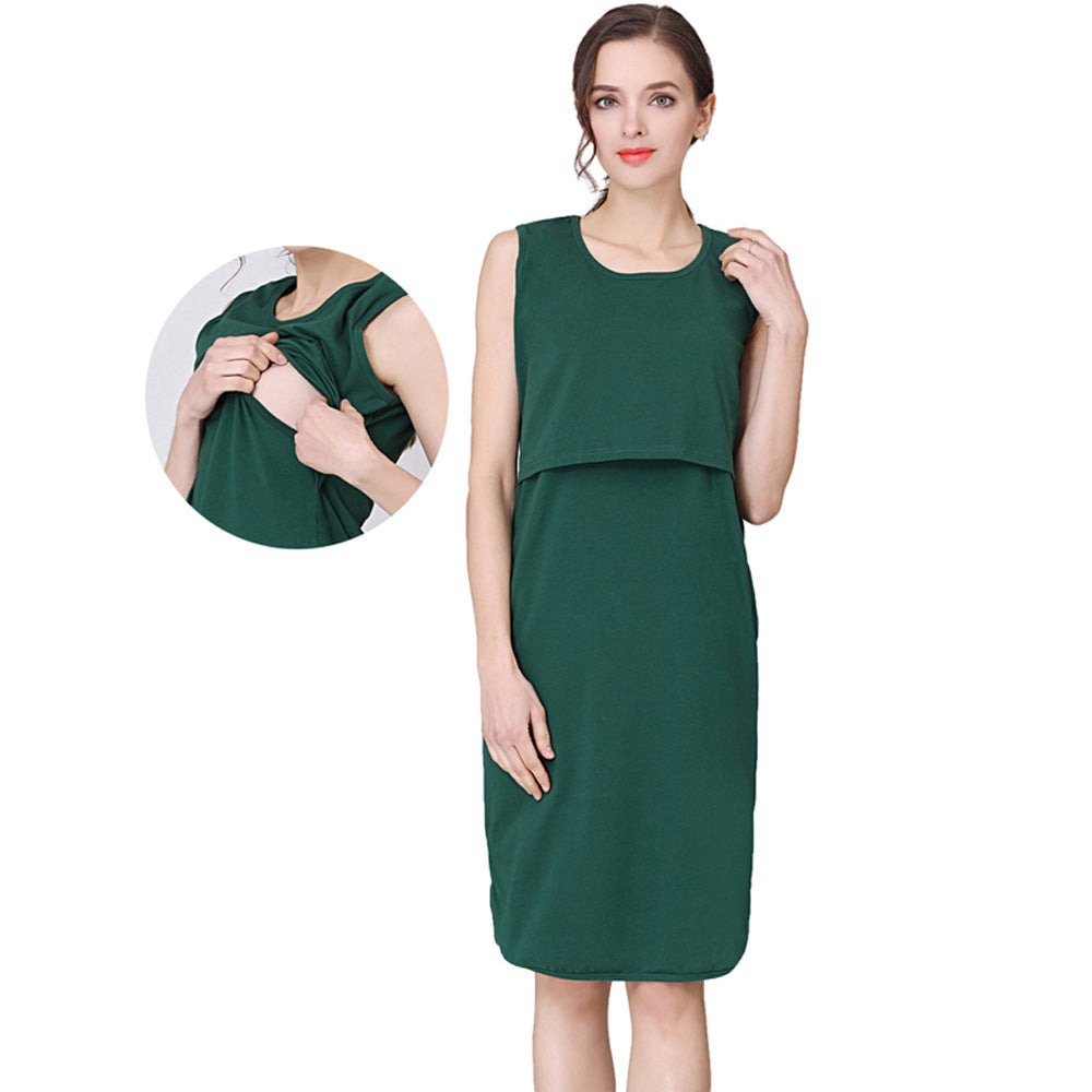 Summer Women Casual Solid Color Round Neck Sleeveless Nursing Dress