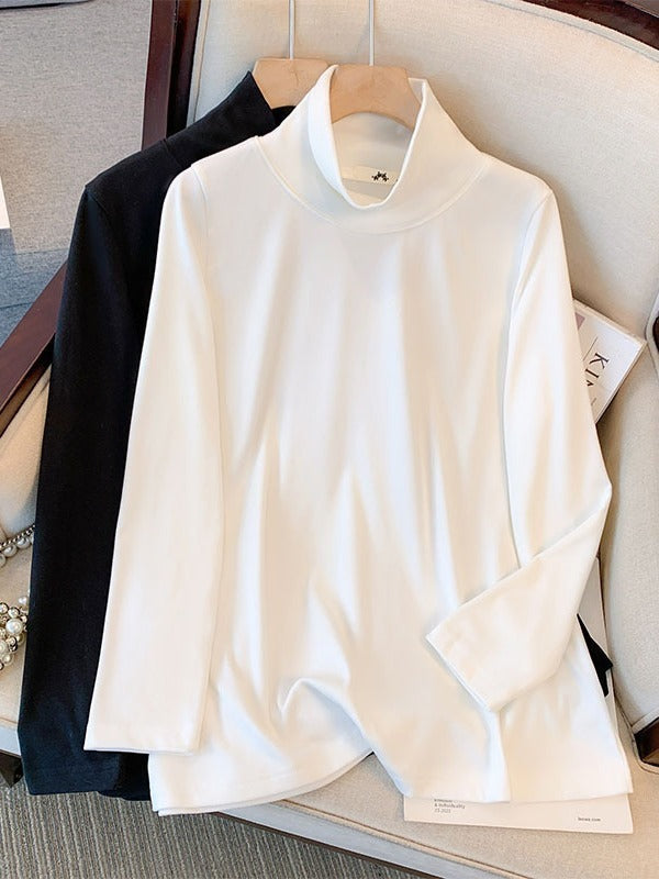 Camiseta básica informal holgada de talla grande con cuello alto y manga larga de color liso para mujer