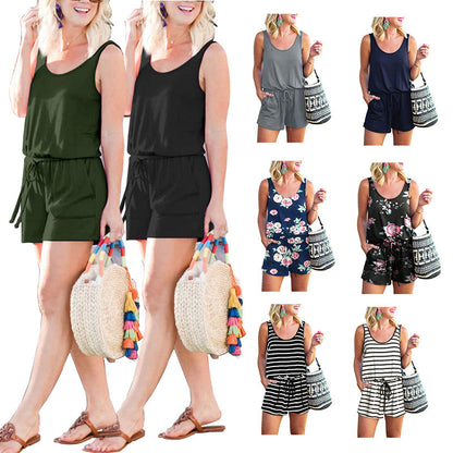 Women Casual Summer Vacation Solid Color U Neck Drawstring Loose Sleeveless Rompers