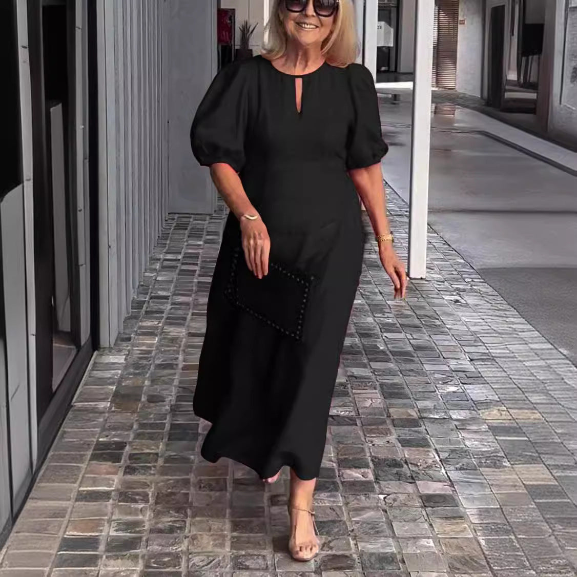 Plus Size Women Summer Solid Color Casual Crewneck Puff Sleeve Maxi Dress