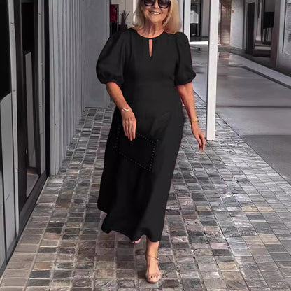 Plus Size Women Summer Solid Color Casual Crewneck Puff Sleeve Maxi Dress