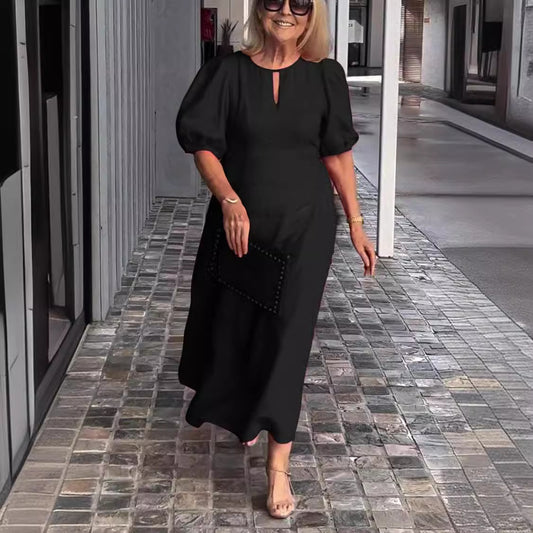 Plus Size Women Summer Solid Color Casual Crewneck Puff Sleeve Maxi Dress