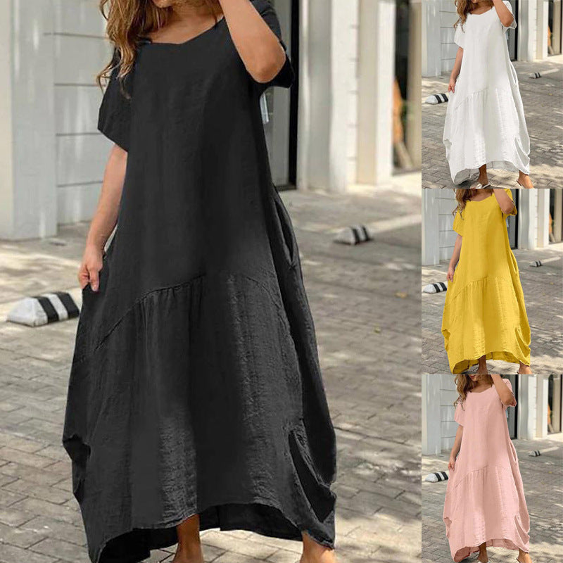 Women Fashion Casual Loose Plus Size Solid Color Cotton And Linen Maxi Dress