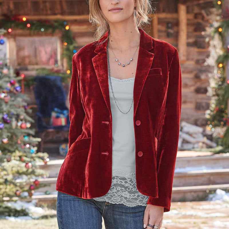 Chaqueta de traje de terciopelo dorado de color liso informal a la moda para mujer