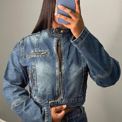 Conjunto de dos piezas de top y pantalones cortos vaqueros con cremallera para mujer