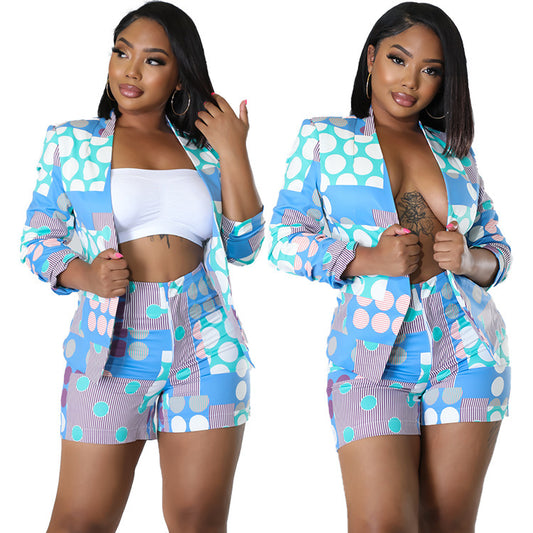 Conjunto informal de dos piezas para mujer: top de manga larga con solapa estampada y pantalones cortos de cintura alta