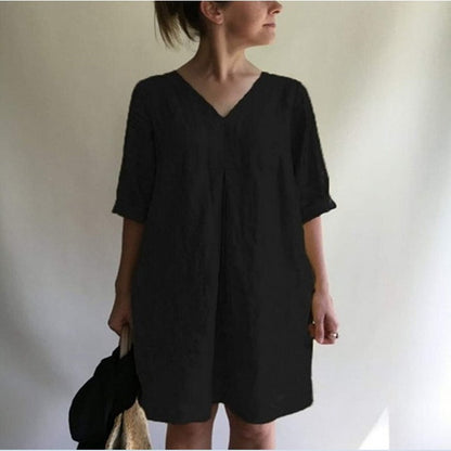 Women Fashion Casual Solid Color V-Neck Dress
