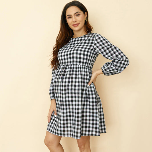 Spring And Autumn Pregnant Women Casual Plaid Print Round Neck Long Sleeve Dress