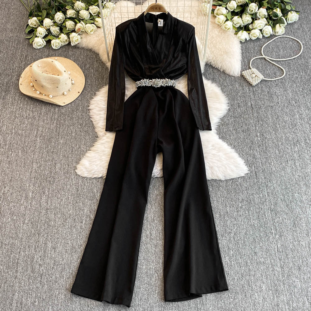 Women Fashion Casual Contrast Color V-Neck Long-Sleeve Tight Waist Wide Leg Jumpsuits