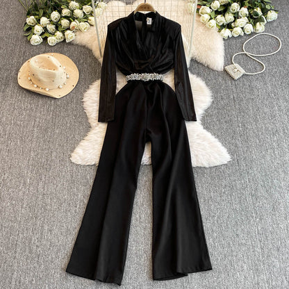 Women Fashion Casual Contrast Color V-Neck Long-Sleeve Tight Waist Wide Leg Jumpsuits