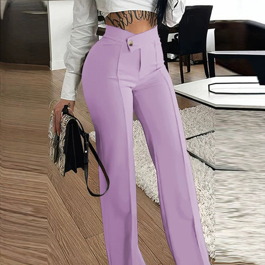 Pantalones casuales de cintura alta de color sólido a la moda para mujer