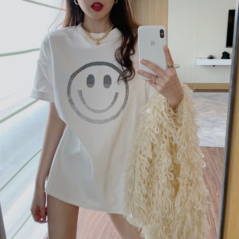 Camiseta básica informal de verano para mujer, holgada, con estampado de sonrisas y manga corta