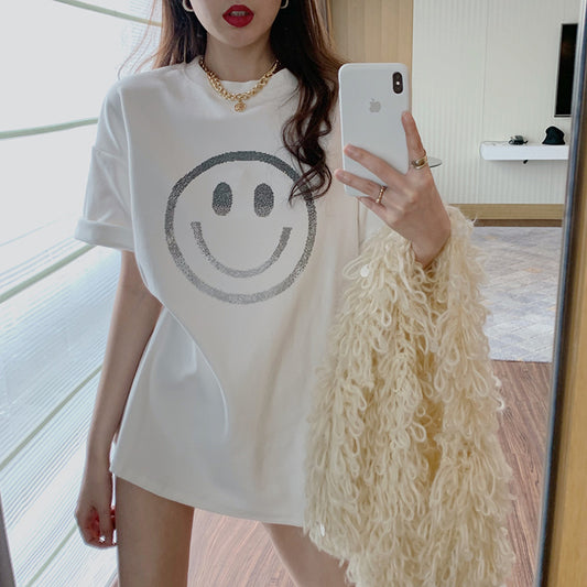 Camiseta básica informal de verano para mujer, holgada, con estampado de sonrisas y manga corta