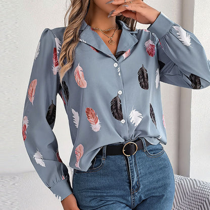 Blusa informal de manga larga con estampado de plumas para mujer