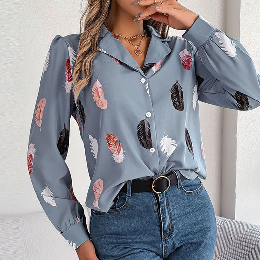 Blusa informal de manga larga con estampado de plumas para mujer