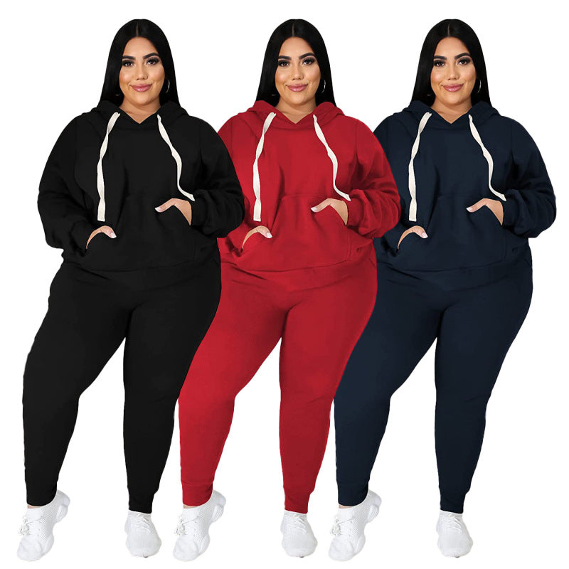 Women Fashion Casual Plus Size Long Sleeve Hooded Sweatshirt Pants Two-Piece Set