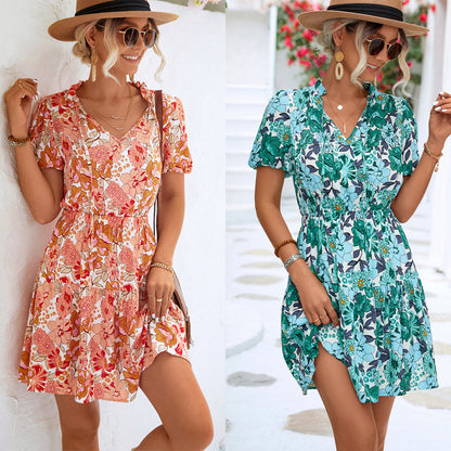 Vestido de verano informal con estampado floral y manga corta para mujer, ideal para vacaciones