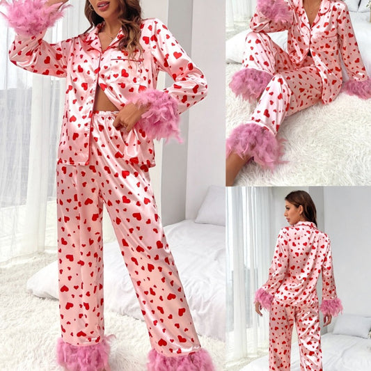 Spring Women Valentine'S Day Sweet Love Heart Print Casual Loungewear Set Feather Plush Pajamas