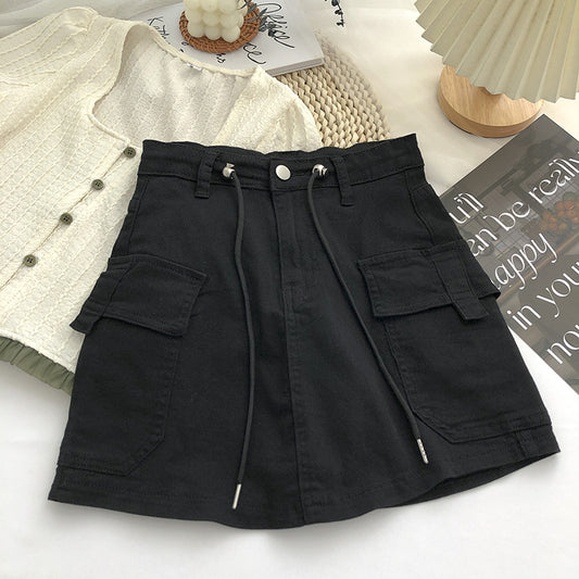 Women Fashion Casual Solid Color Drawstring Waist Denim Skirt