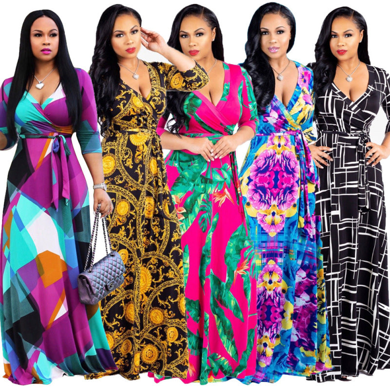 Women Fashion Casual Printed V-Neck Long Sleeve Dress
