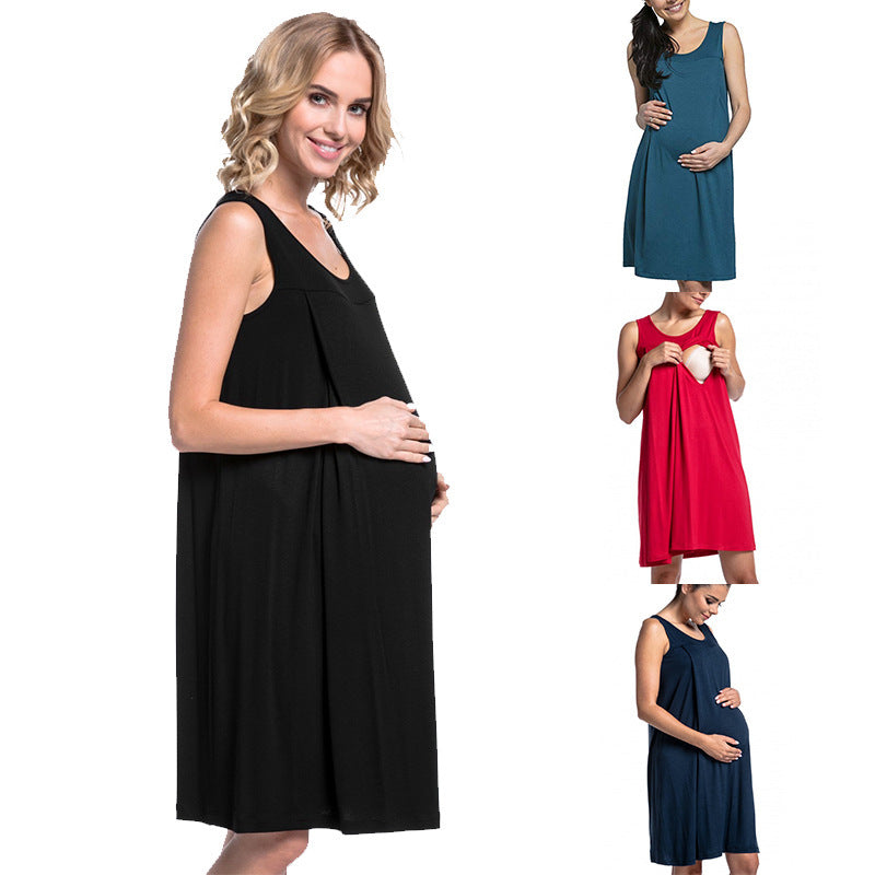Pregnant Women Casual Loose Solid Color Sleeveless Breastfeeding Dress