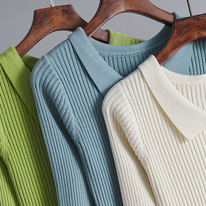 Vestido de punto de manga larga con solapa de color liso informal para mujer, otoño e invierno