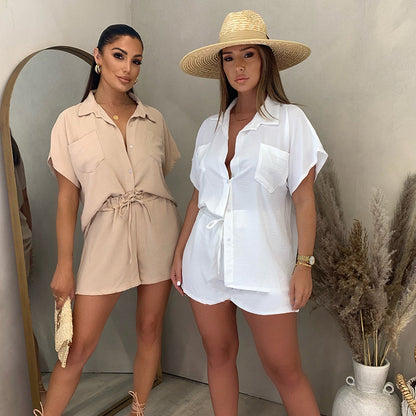 Conjunto de dos piezas para mujer, estilo casual, color liso, clásico, con camisa de un solo pecho y cintura elástica
