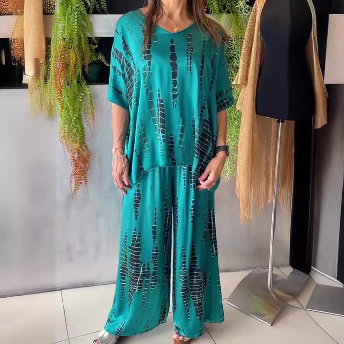 Conjunto de dos piezas de verano para mujer, informal, estampado, cuello redondo, manga corta, pantalones anchos y parte superior