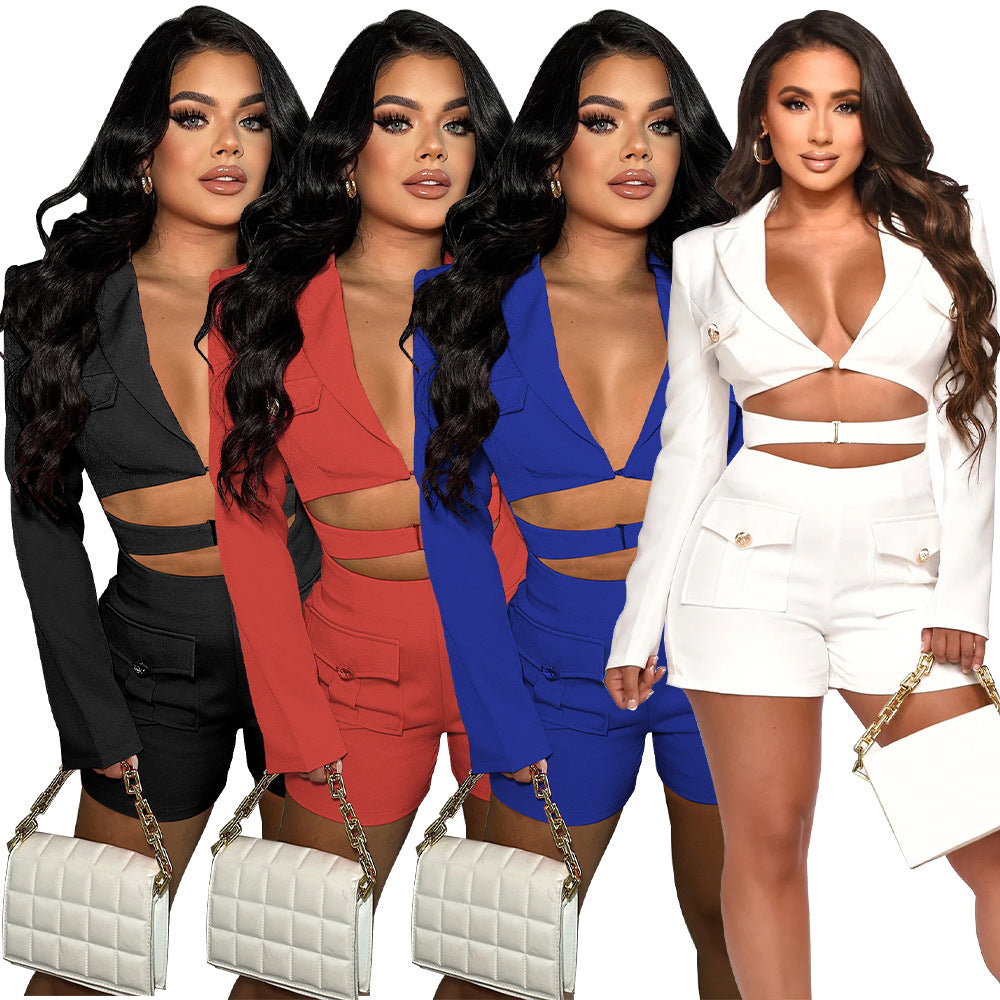 Women Fashion Casual Deep V Hollow Long Sleeve Rompers