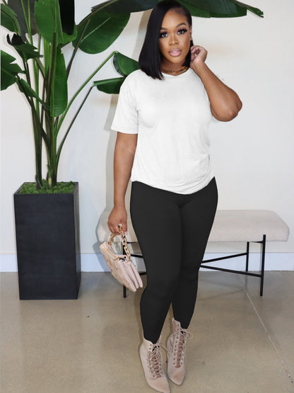 Women Casual Solid Color Plus Size Round Neck Short Sleeve Top Tight Pants Two-Piece Set