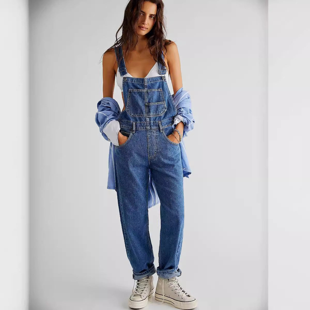 Women Fashion Casual Loose Denim Strap Pants