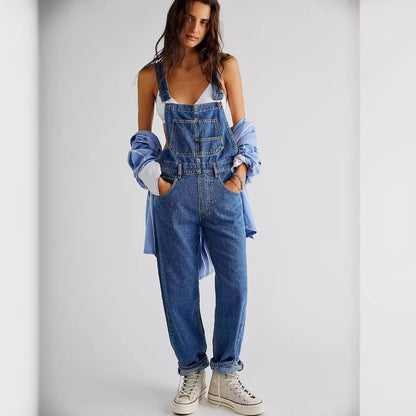 Women Fashion Casual Loose Denim Strap Pants