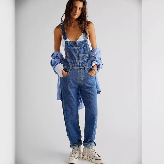 Pantalones vaqueros holgados informales con tirantes a la moda para mujer