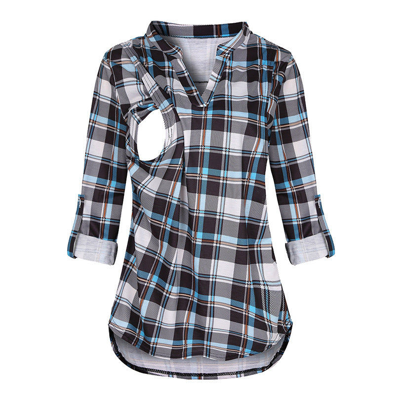 Pregnant Women Fashion Casual V-Neck Plaid Print Breastfeeding Long Sleeve Top