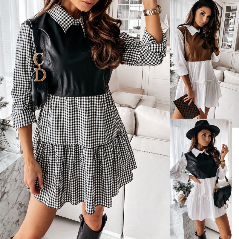Women Casual Vintage Plaid Pattern PU Leather Patchwork Lapel Long Sleeve Casual Dress