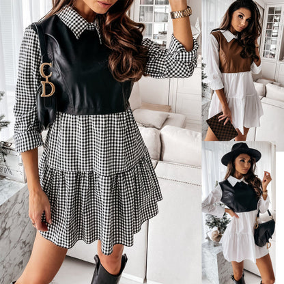 Women Casual Vintage Plaid Pattern PU Leather Patchwork Lapel Long Sleeve Casual Dress