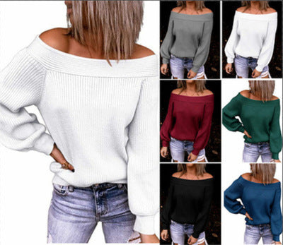 Women Casual Basic Off-the-shoulder Loose Knit Solid Color Sweater