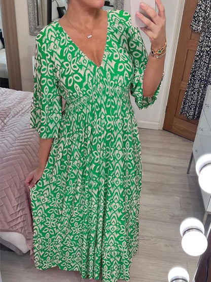 Vestido largo informal con cuello en V y estampado de flores pequeñas para mujer