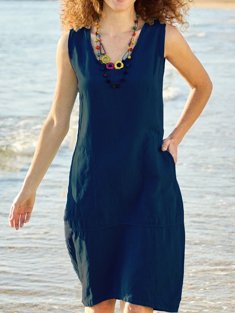 Vestido informal de verano sin mangas de color liso para mujer