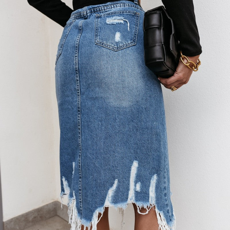 Denim Skirt 2023 Summer Casual Temperament Washed Irregular Hole Fringed Skirt