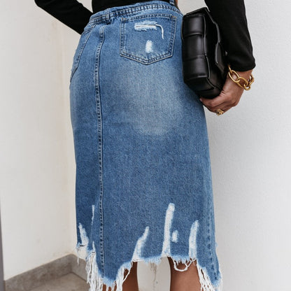 Denim Skirt 2023 Summer Casual Temperament Washed Irregular Hole Fringed Skirt