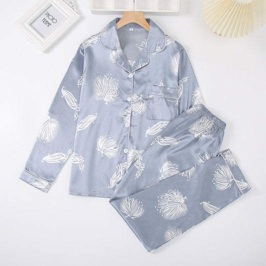 Conjunto de pijama informal de manga larga con solapa y estampado de plumas para mujer