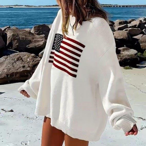 Suéter holgado informal de manga larga con estampado de bandera y estrellas para mujer