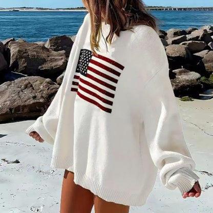 Suéter holgado informal de manga larga con estampado de bandera y estrellas para mujer