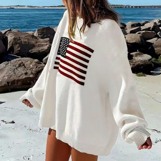 Suéter holgado informal de manga larga con estampado de bandera y estrellas para mujer