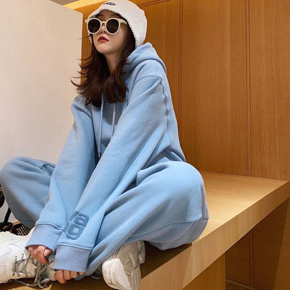 Women Solid Lettering Hoodie And Elastic Pants Casual Loose Two Piece Set