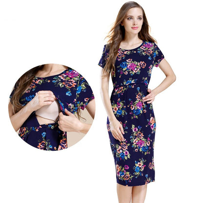 Vestido de lactancia de manga corta con estampado floral informal de moda de verano para mujeres embarazadas